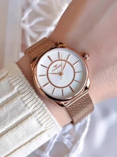 Ferro Hasır Kordonlu Rose Gold Kararmaz Renk Atmaz 3 Atm  Özel Tasarım Kadın Kol Saat 21152CWT-C thumbnail 1