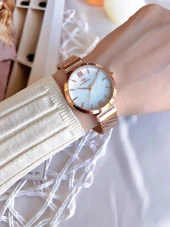 Ferro Hasır Kordonlu Rose Gold Kararmaz Renk Atmaz 3 Atm  Özel Tasarım Kadın Kol Saat BF21209CWT-C thumbnail 2