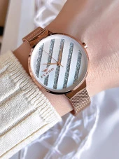 Ferro Hasır Kordonlu Rose Gold Kararmaz Renk Atmaz 3 Atm  Özel Tasarım Kadın Kol Saat BF21153CWT-C thumbnail 1