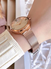 Ferro Hasır Kordonlu Rose Gold Kararmaz Renk Atmaz 3 Atm  Özel Tasarım Kadın Kol Saat BF21040CWT thumbnail 2