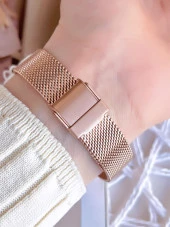 Ferro Hasır Kordonlu Rose Gold Kararmaz Renk Atmaz 3 Atm  Özel Tasarım Kadın Kol Saati BF21934CWT-C thumbnail 4