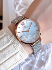 Ferro Hasır Kordonlu Gümüş/Rose Kararmaz Renk Atmaz 3 Atm  Özel Tasarım Kadın Kol Saati BF21934CWT-E - 1