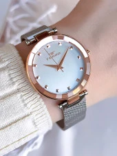 Ferro Hasır Kordonlu Gümüş/Rose Kararmaz Renk Atmaz 3 Atm  Özel Tasarım Kadın Kol Saati B8C4012FE thumbnail 1