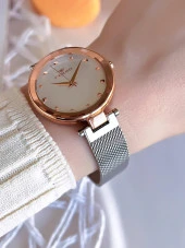 Ferro Hasır Kordonlu Gümüş/Rose Kararmaz Renk Atmaz 3 Atm  Özel Tasarım Kadın Kol Saati B8C4012FE thumbnail 2