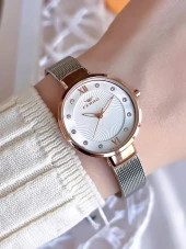 Ferro Hasır Kordonlu Gümüş/Rose Kararmaz Renk Atmaz 3 Atm  Özel Tasarım Kadın Kol Saati BF1618CWT-E thumbnail 1