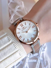 Ferro Hasır Kordonlu Gümüş/Rose Kararmaz Renk Atmaz 3 Atm  Özel Tasarım Kadın Kol Saati BF2123CWT-E thumbnail 1
