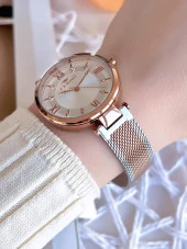 Ferro Hasır Kordonlu Gümüş/Rose Kararmaz Renk Atmaz 3 Atm  Özel Tasarım Kadın Kol Saati BF2123CWT-E thumbnail 2