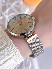 Ferro Hasır Kordonlu Gümüş/Rose Kararmaz Renk Atmaz 3 Atm  Özel Tasarım Kadın Kol Saati BF21155CWT-E thumbnail 2