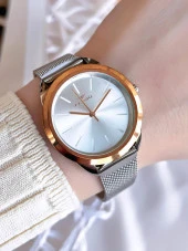 Ferro Hasır Kordonlu Gümüş/Rose Kararmaz Renk Atmaz 3 Atm  Özel Tasarım Kadın Kol Saati BF21073CWT-E thumbnail 1