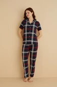 Dreamy Milan Bambu Kumaş Ekose Kareli Kısa Kollu Gömlek Pijama Takımı - 4