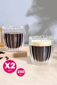 2'li Çift Cidarlı Isıya Dayanıklı Cam Bardak Sıcak Soğuk Çizgili Çay Süt Kahve Kupası Bardağı 250ml - 1