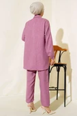 Yaka Ve Cep Taşlı Keten Takım Magenta - 3