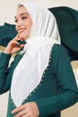 Kenarları Boncuk İşlemeli Yazma Eşarp Krem - 2