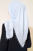 Kenarları Boncuk İşlemeli Yazma Eşarp Buz Mavisi - 3