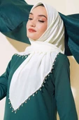 Kenarları Boncuk İşlemeli Yazma Eşarp Krem - 1