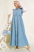 Düğmeli Kot Jile Elbise Kot Mavisi - 1