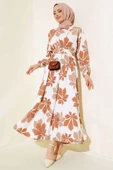 Yaprak Desenli Mevlana Elbise Latte thumbnail 1