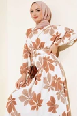 Yaprak Desenli Mevlana Elbise Latte thumbnail 2