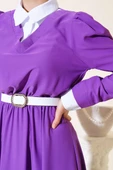 Gömlek Yakalı Elbise Mor - 4