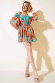 Ebru Desen Bel Büzgülü Fırfırlı Elbise Mint - 2