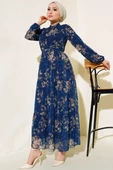 Çiçek Desenli Şifon Kat Elbise Lacivert thumbnail 1