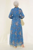 Çiçek Desenli Şifon Kat Elbise İndigo thumbnail 3
