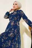 Çiçek Desenli Şifon Kat Elbise Lacivert thumbnail 2