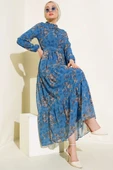 Çiçek Desenli Şifon Kat Elbise İndigo thumbnail 1