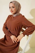 Kolu Taş Süslemeli Kuşaklı Elbise Taba - 2