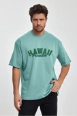 Erkek Oversize %100 Pamuk Havaii Baskılı T-shirt Yeşil Edw046 - 1