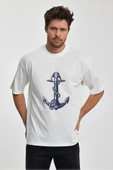 Erkek Oversize %100 Pamuk Çapa Baskılı T-shirt Ekru Edw049 - 1