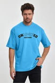 Erkek Oversize %100 Pamuk Unlimited Baskılı T-shirt Mavi Edw043 - 1