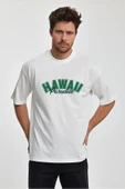 Erkek Oversize %100 Pamuk Havaii Baskılı T-shirt Ekru Edw046 - 1