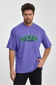 Erkek Oversize %100 Pamuk Havaii Baskılı T-shirt Mor Edw046 - 1