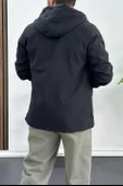 Erkek Slim Fit Krinkıl Kumaş Kanguru Cepli Yarım Fermuarlı Yağmurluk Mont Siyah Edw077 - 5
