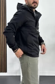 Erkek Slim Fit Krinkıl Kumaş Kanguru Cepli Yarım Fermuarlı Yağmurluk Mont Siyah Edw077 - 2