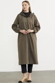 Büyük Beden Kapüşonlu Fermuarlı Uzun Trençkot - Haki - 3