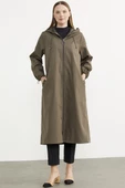 Büyük Beden Kapüşonlu Fermuarlı Uzun Trençkot - Haki - 1
