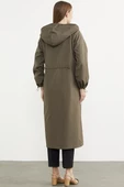 Büyük Beden Kapüşonlu Fermuarlı Uzun Trençkot - Haki - 6