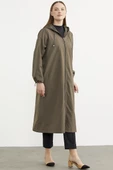 Büyük Beden Kapüşonlu Fermuarlı Uzun Trençkot - Haki - 4