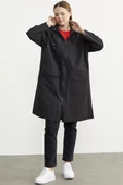 Büyük Beden Kapüşonlu Uzun Trençkot - Siyah thumbnail 4