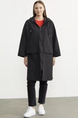 Büyük Beden Kapüşonlu Uzun Trençkot - Siyah thumbnail 1