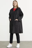 Büyük Beden Kapüşonlu Uzun Trençkot - Siyah thumbnail 3