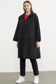 Büyük Beden Kapüşonlu Uzun Trençkot - Siyah thumbnail 2