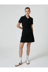 Polo Yaka Mini Elbise A Kesim Kısa Kollu Ribanalı - 1