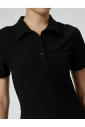 Polo Yaka Mini Elbise A Kesim Kısa Kollu Ribanalı - 5