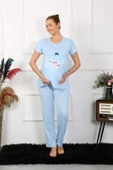 Kadın Kısa Kol Hamile Lohusa Pijama Takımı Mavi 45210 - 3