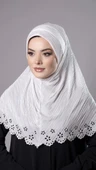 Krem Pratik Hazır Geçmeli Tesettür Eşarp Fukuro Kumaş Piliseli Çiçek Desenli Lazer Kesim 1829_40 - 2