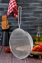 Tencereye Takılan 25 Cm Lüks Büyük Boy Çelik Tel Süzgeç & Kevgir thumbnail 2