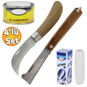 Düz Uçlu Bağ Aşı Bıçağı Çakısı + Eğri Uçlu Aşı Bıçağı + Aşı Bandı + Aşı Macunu (4'LÜ SET) - 1